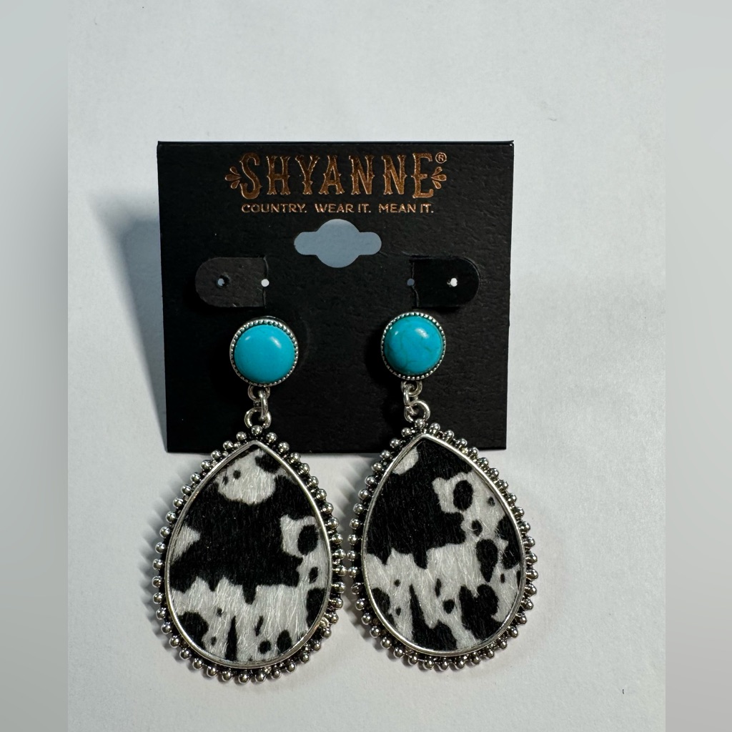 Shyanne Black And White Cow Print Earrings With Turquoise Accents 17$